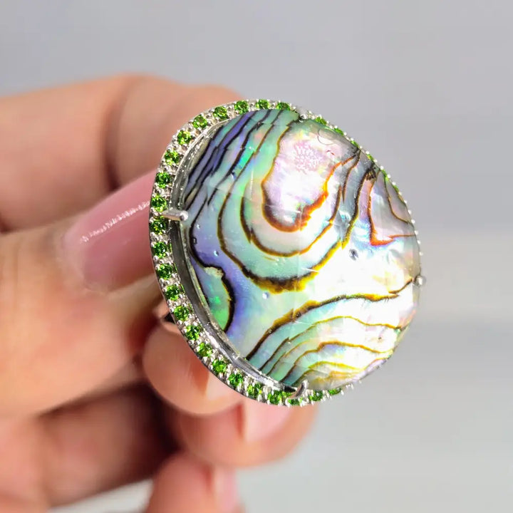 ?GIrl Paua!’ Sz 8 Ring - Paua Shell Quartz Chrome Diopside Anti-tarnish Sterling