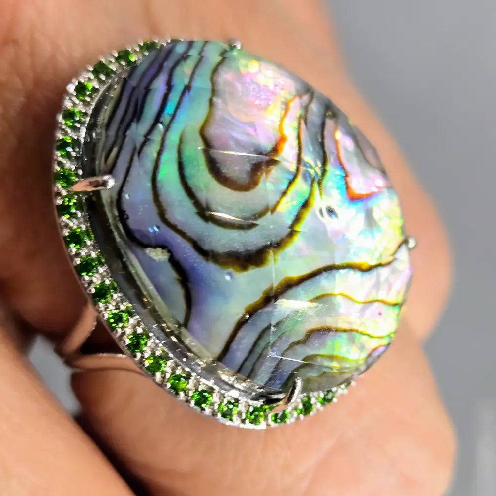 ?GIrl Paua!’ Sz 8 Ring - Paua Shell Quartz Chrome Diopside Anti-tarnish Sterling