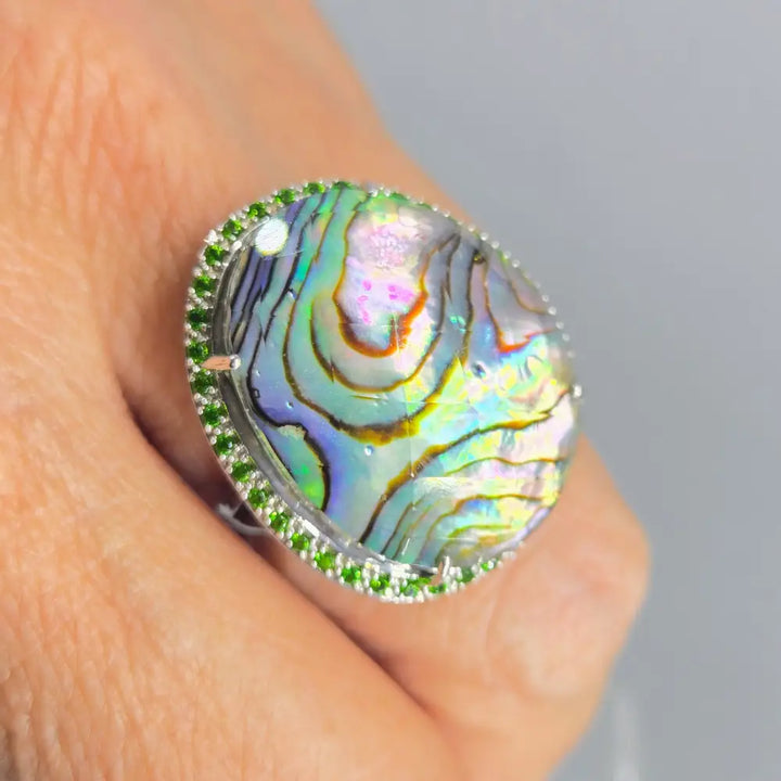 ?GIrl Paua!’ Sz 8 Ring - Paua Shell Quartz Chrome Diopside Anti-tarnish Sterling