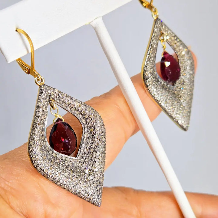 ?GLam Squad’ 2.25’’ Earrings - Diamonds Rhodolite Garnet Black Sterling 18k Gold Accents