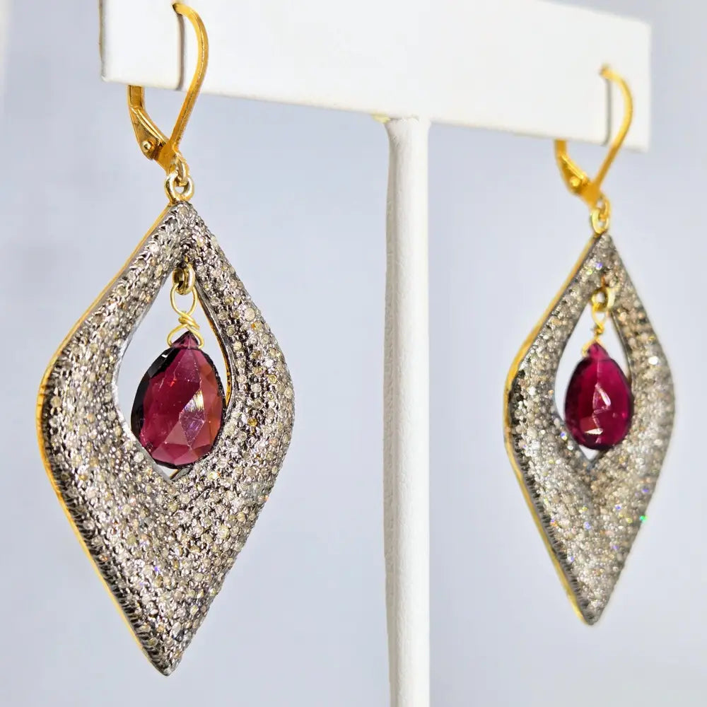 ?GLam Squad’ 2.25’’ Earrings - Diamonds Rhodolite Garnet Black Sterling 18k Gold Accents