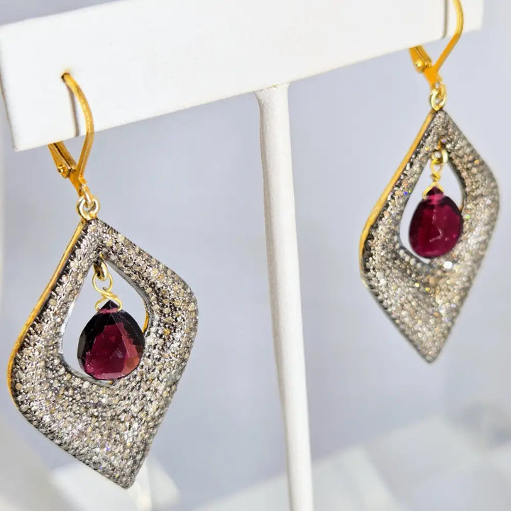 ?GLam Squad’ 2.25’’ Earrings - Diamonds Rhodolite Garnet Black Sterling 18k Gold Accents