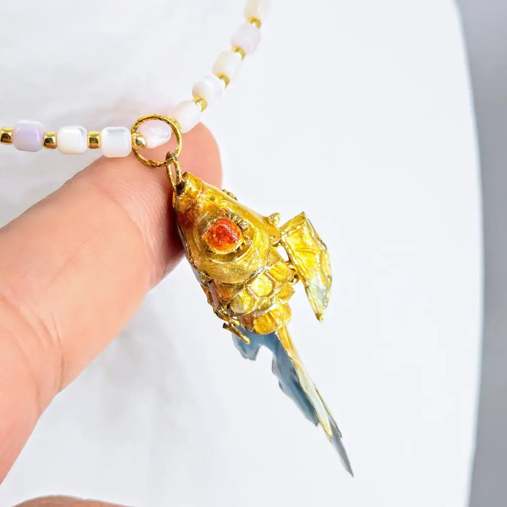 ?GO Fish’ 16’’-18’’ Necklace - Gold Pvd Mother of Pearl Antique Articulated Fish