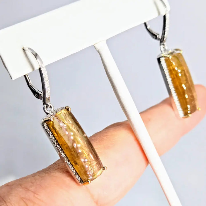Gold Bars Earrings 1.75’’ Dangle Clear Topaz Diamond Halos Anti-tarnish.925