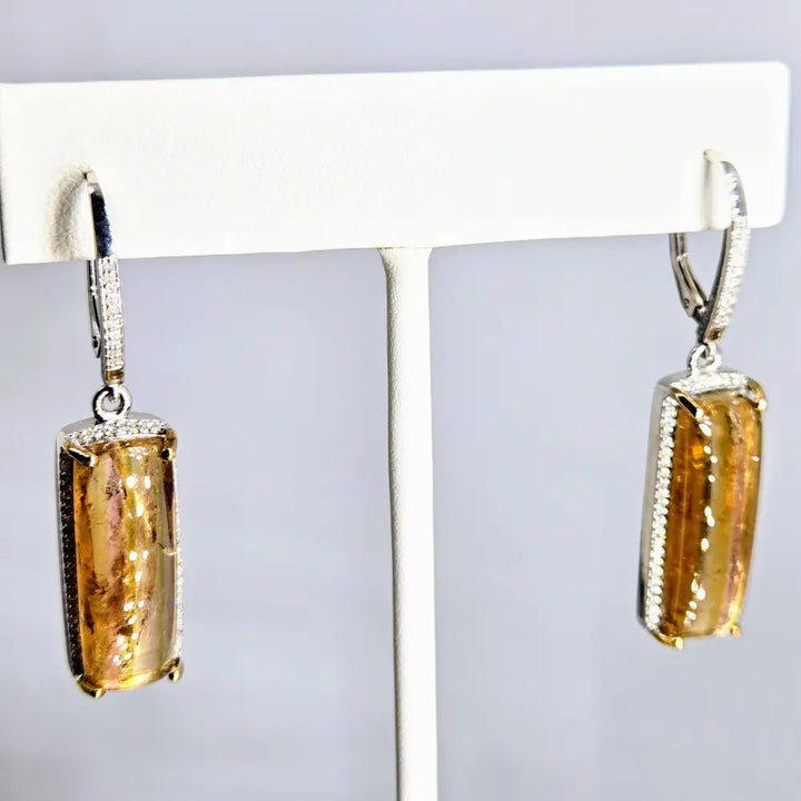 Gold Bars Earrings 1.75’’ Dangle Clear Topaz Diamond Halos Anti-tarnish.925