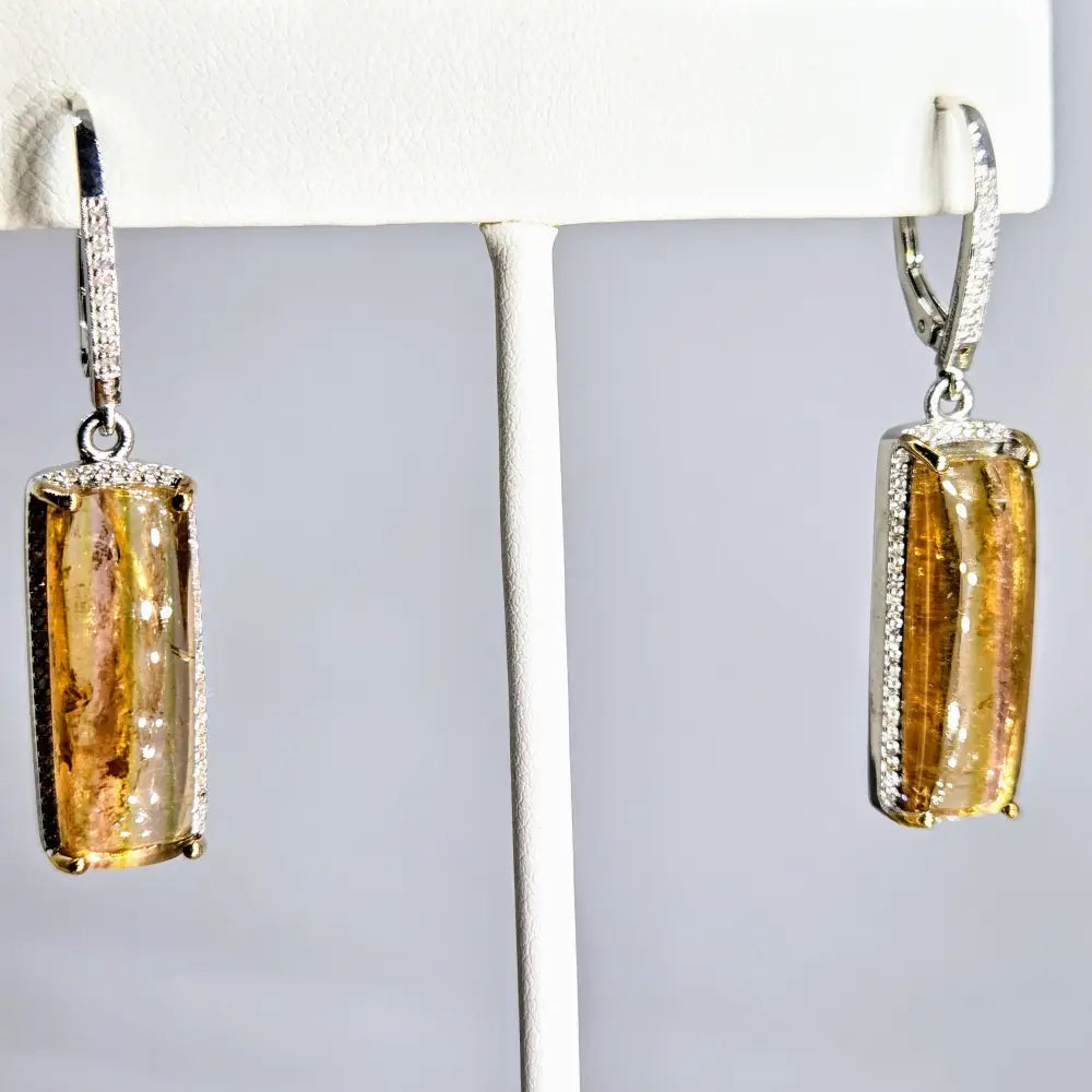Gold Bars Earrings 1.75’’ Dangle Clear Topaz Diamond Halos Anti-tarnish.925