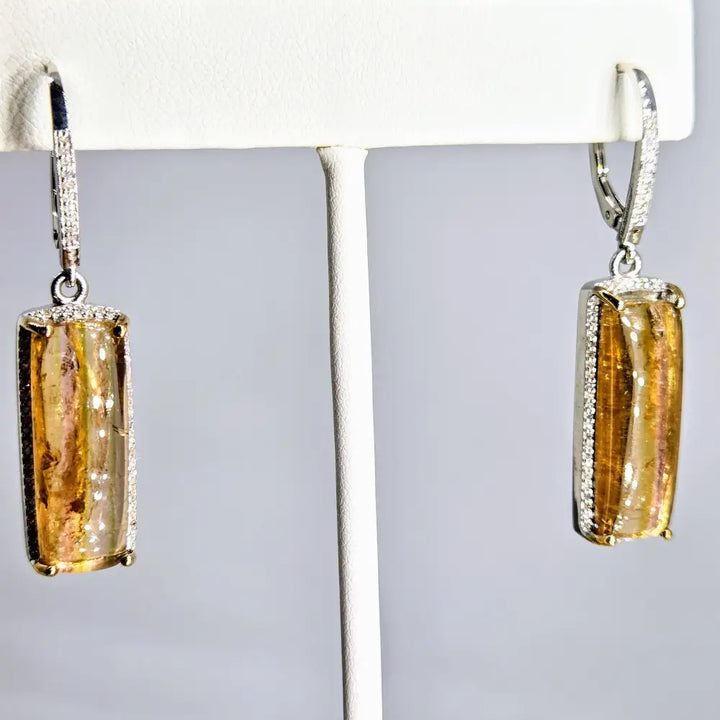Gold Bars Earrings 1.75’’ Dangle Clear Topaz Diamond Halos Anti-tarnish.925
