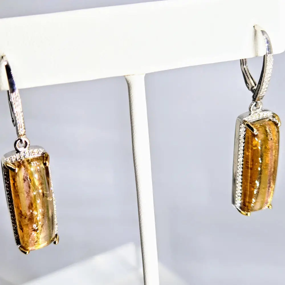 Gold Bars Earrings 1.75’’ Dangle Clear Topaz Diamond Halos Anti-tarnish.925