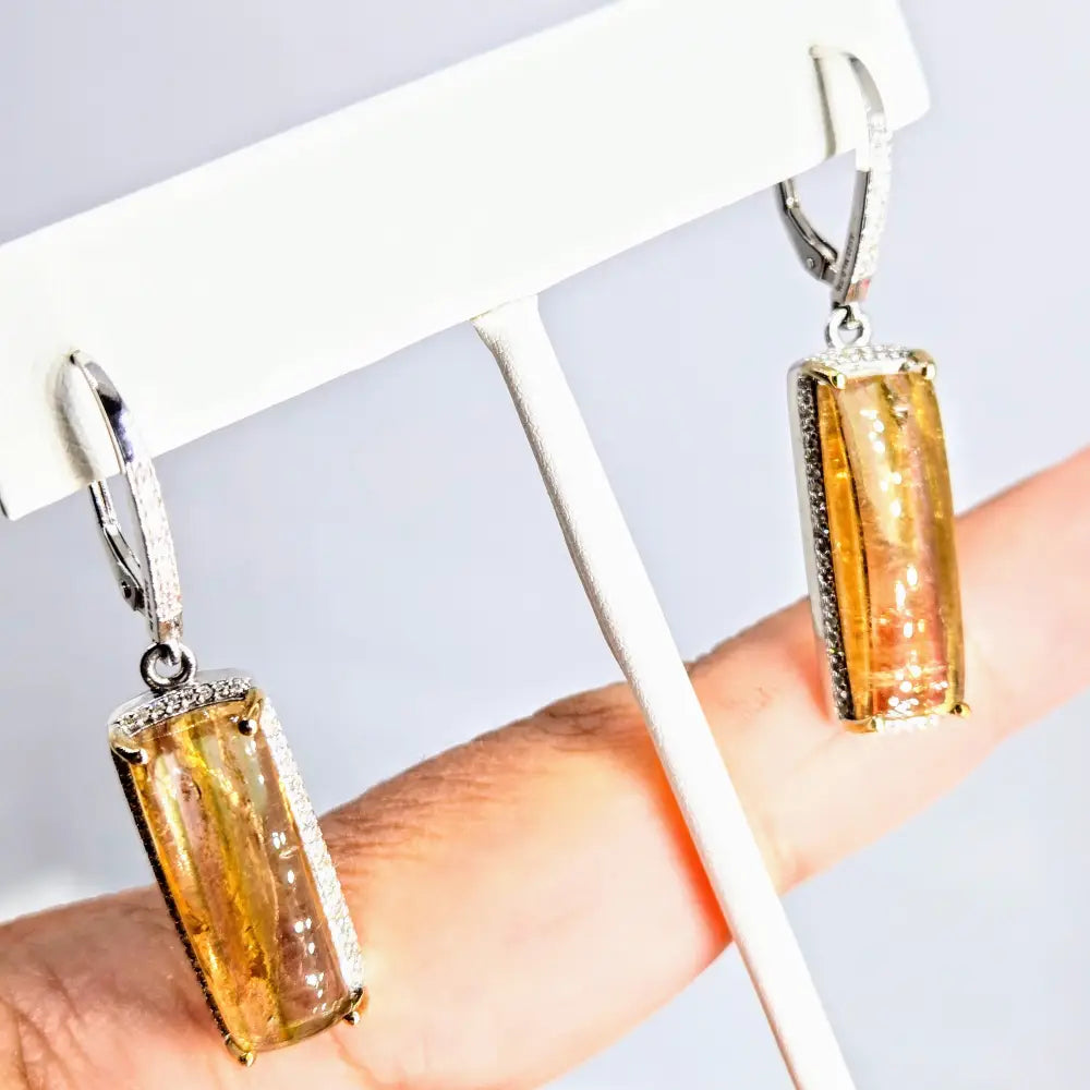 Gold Bars Earrings 1.75’’ Dangle Clear Topaz Diamond Halos Anti-tarnish.925