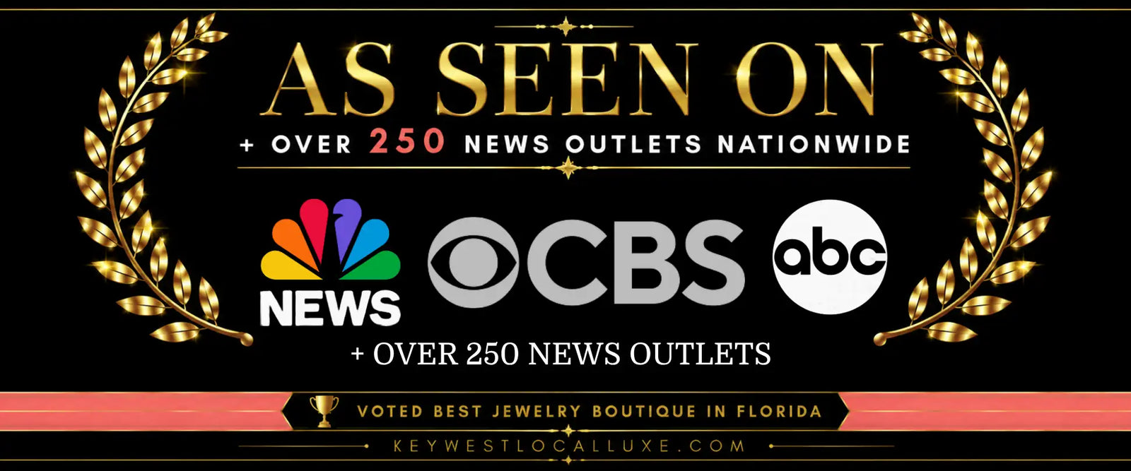 Gold laurel wreath banner with ’as seen on’ text and logos for nbc news, cbs, and abc.