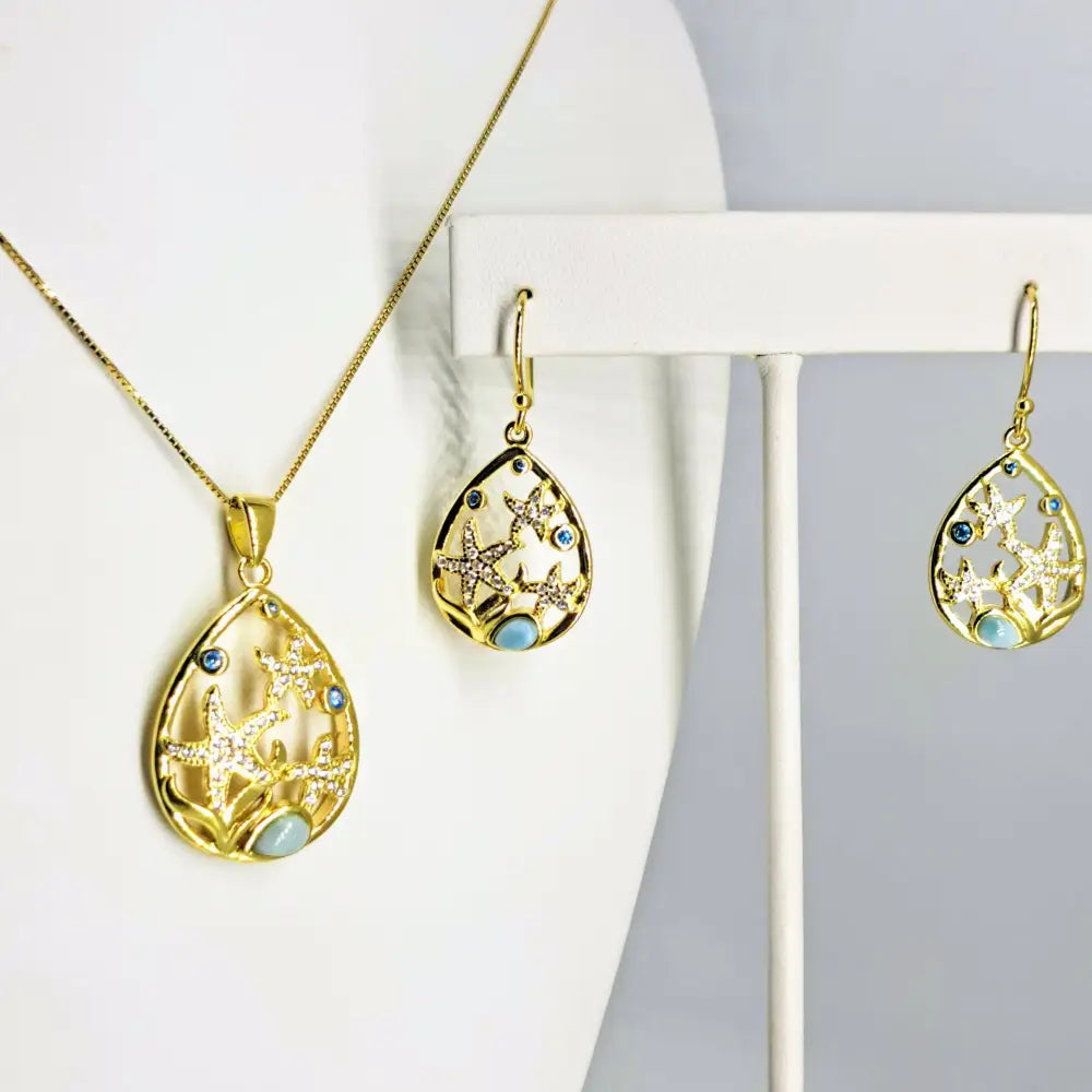 ?GOld Stars of the Sea’ 1.5’’ Earrings - Larimar Topaz Crystal 18k Gold Sterling
