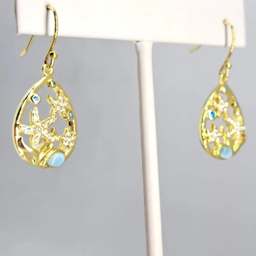 ?GOld Stars of the Sea’ 1.5’’ Earrings - Larimar Topaz Crystal 18k Gold Sterling