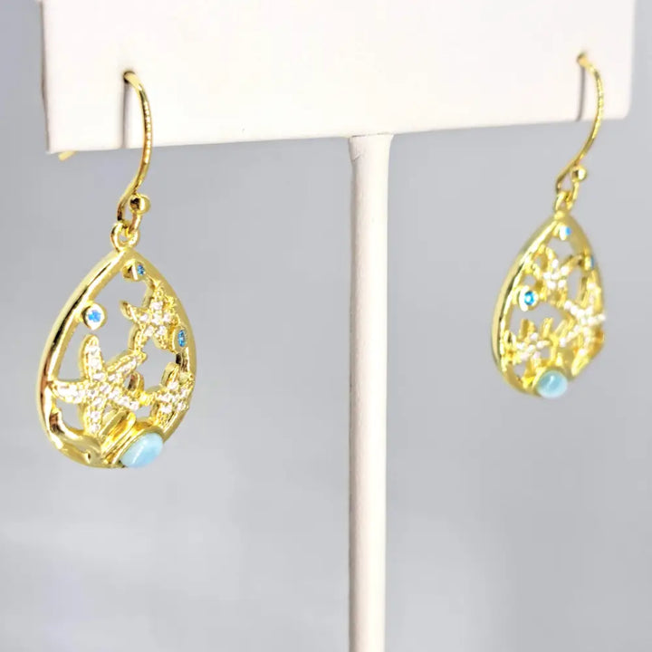 ?GOld Stars of the Sea’ 1.5’’ Earrings - Larimar Topaz Crystal 18k Gold Sterling