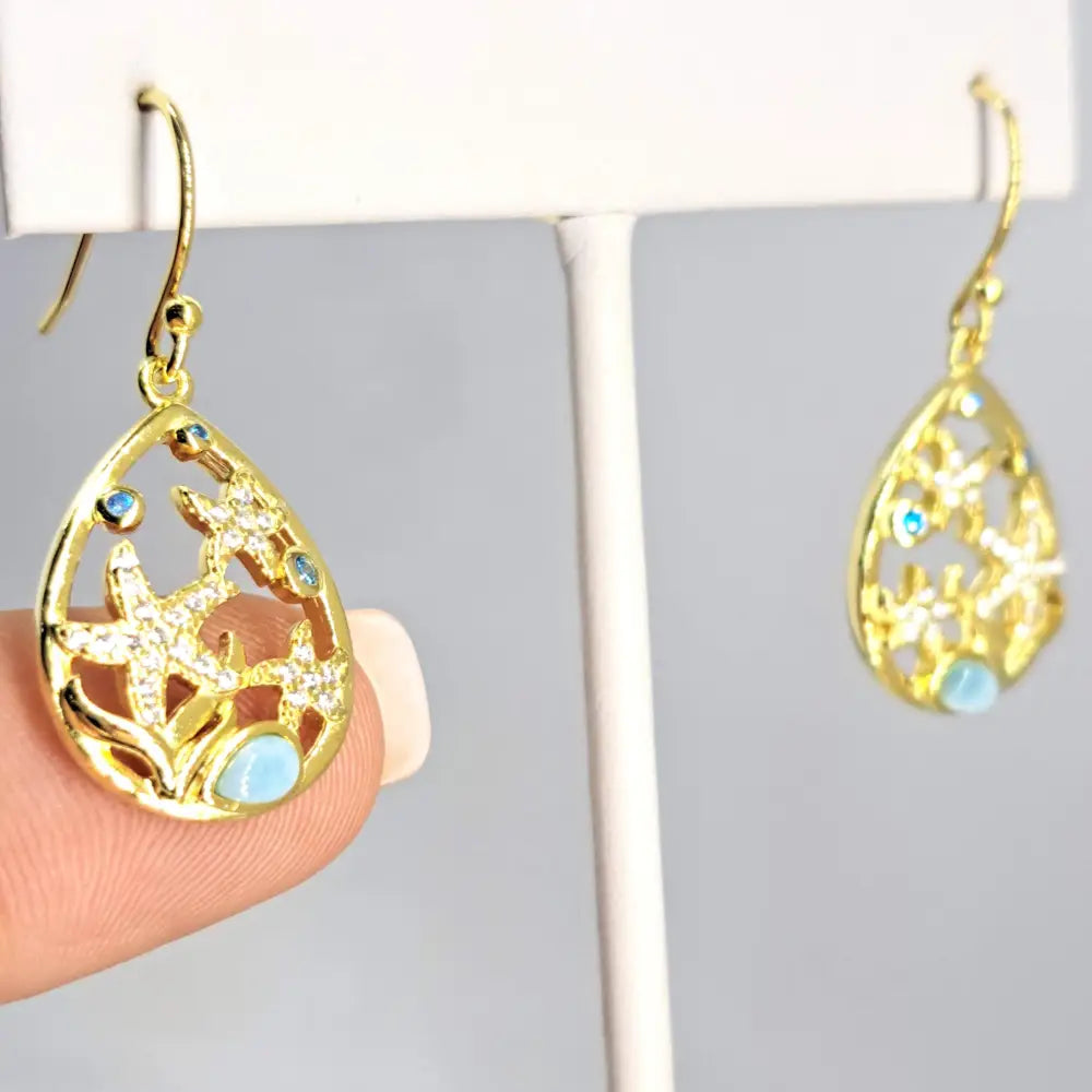 ?GOld Stars of the Sea’ 1.5’’ Earrings - Larimar Topaz Crystal 18k Gold Sterling