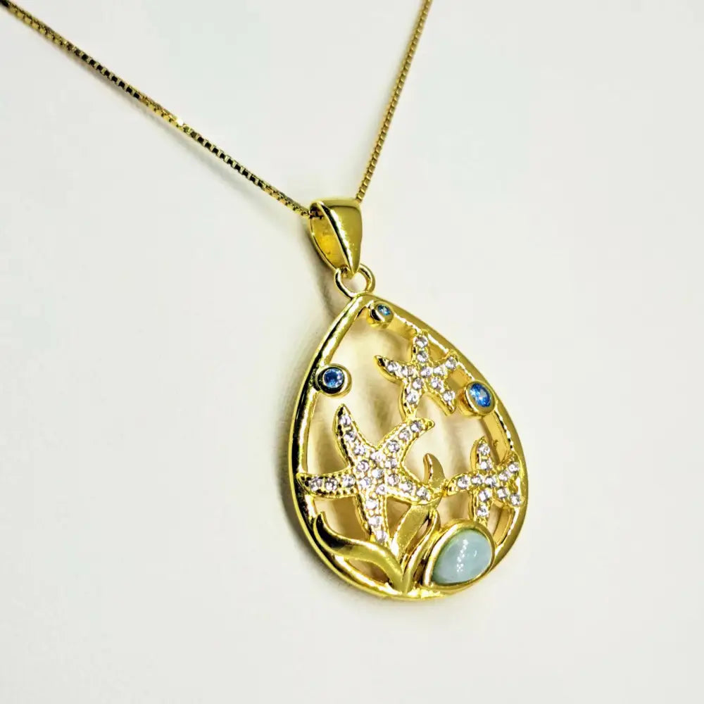 ?GOld Stars of the Sea’ Pendant Necklace - Larimar Topaz Crystal 18k Gold Sterling