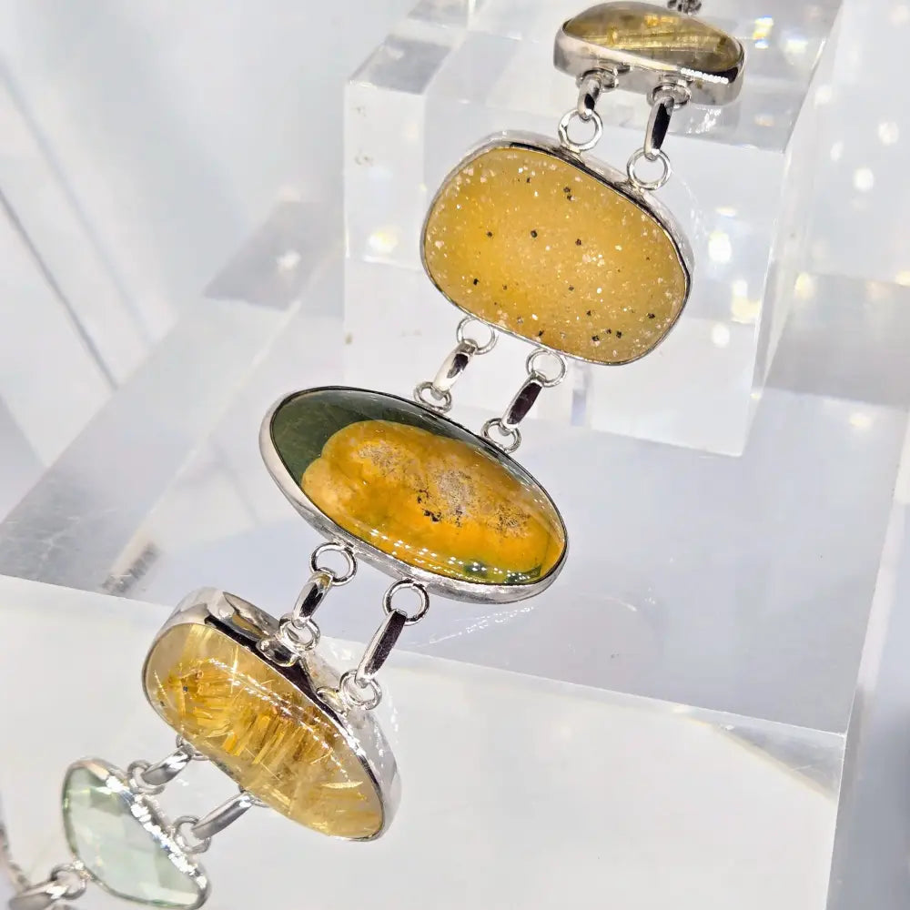 ?GOlden Sands’ 7’’ - 8’’ Bracelet - Prasiolite Druzy Rutilated Quartz Ocean Jasper Anti-tarnish Sterling