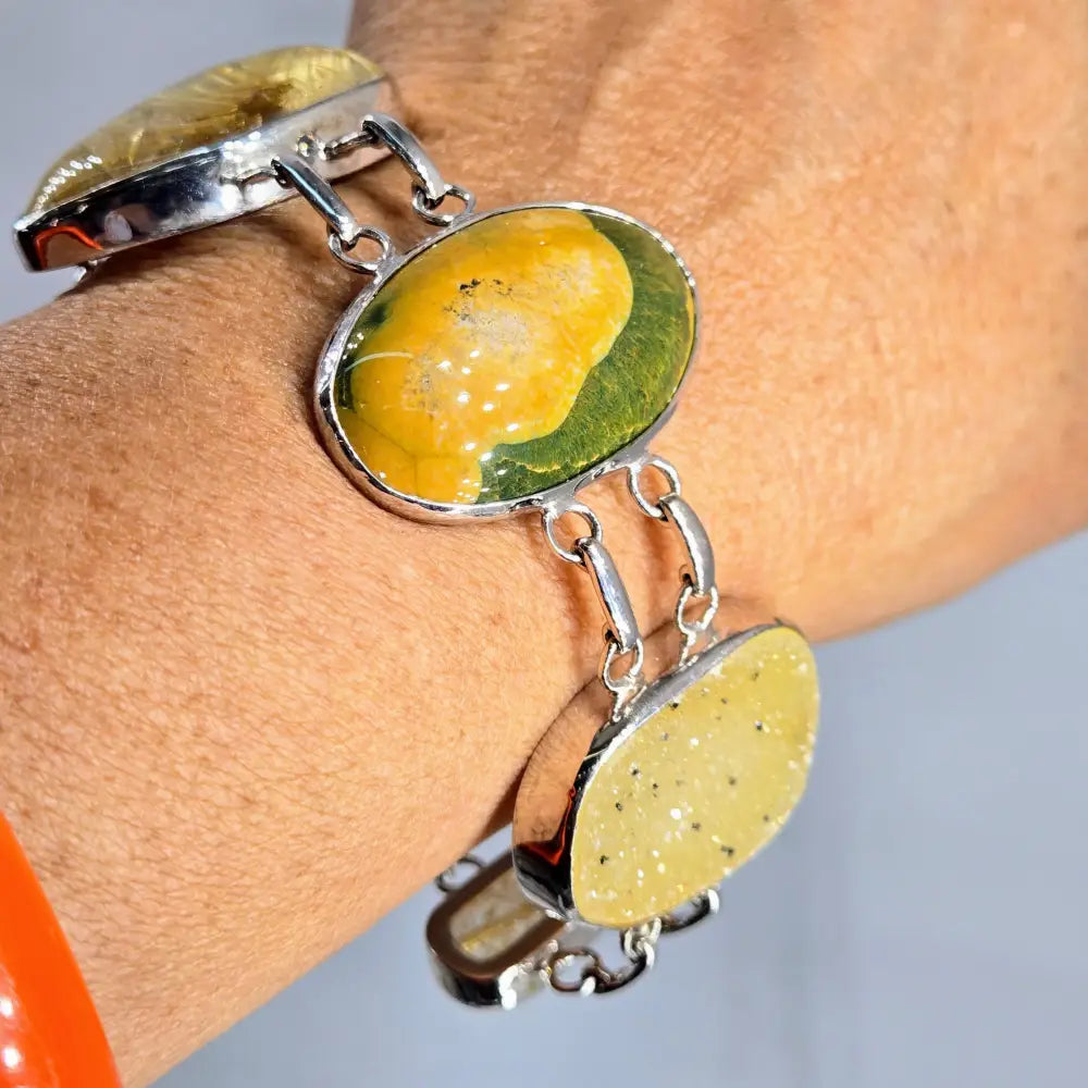 ?GOlden Sands’ 7’’ - 8’’ Bracelet - Prasiolite Druzy Rutilated Quartz Ocean Jasper Anti-tarnish Sterling