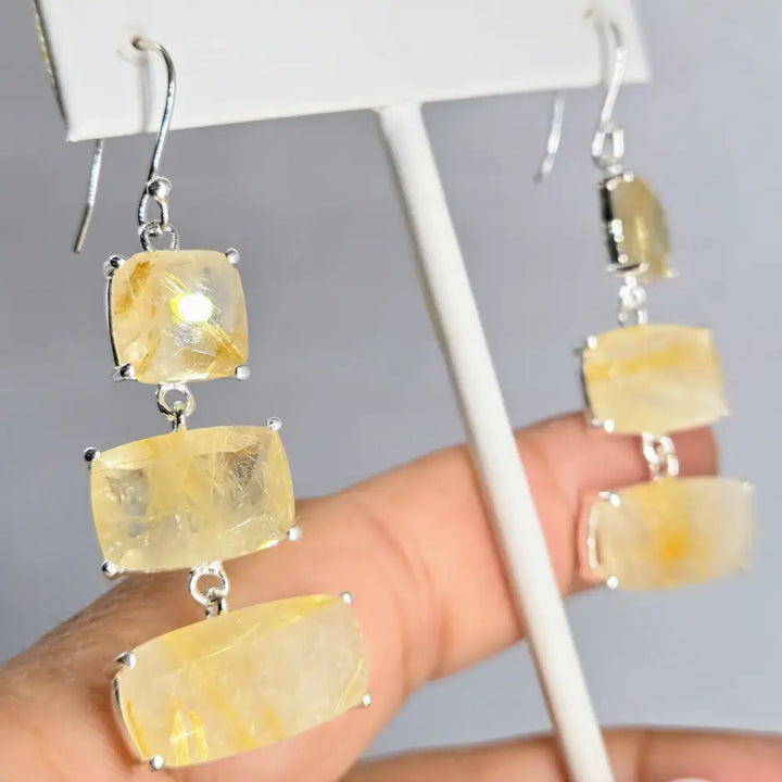 ?GOldies’ 2.25’’ Earrings - Gold Rutilated Quartz Sterling
