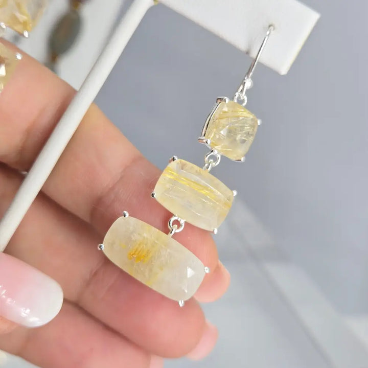 ?GOldies’ 2.25’’ Earrings - Gold Rutilated Quartz Sterling