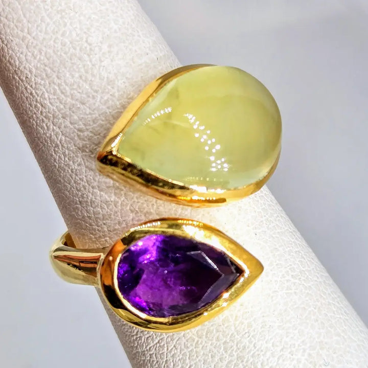 Goose & Grape Sz 7 Ring - Prehnite Amethyst 18k Gold Over Sterling