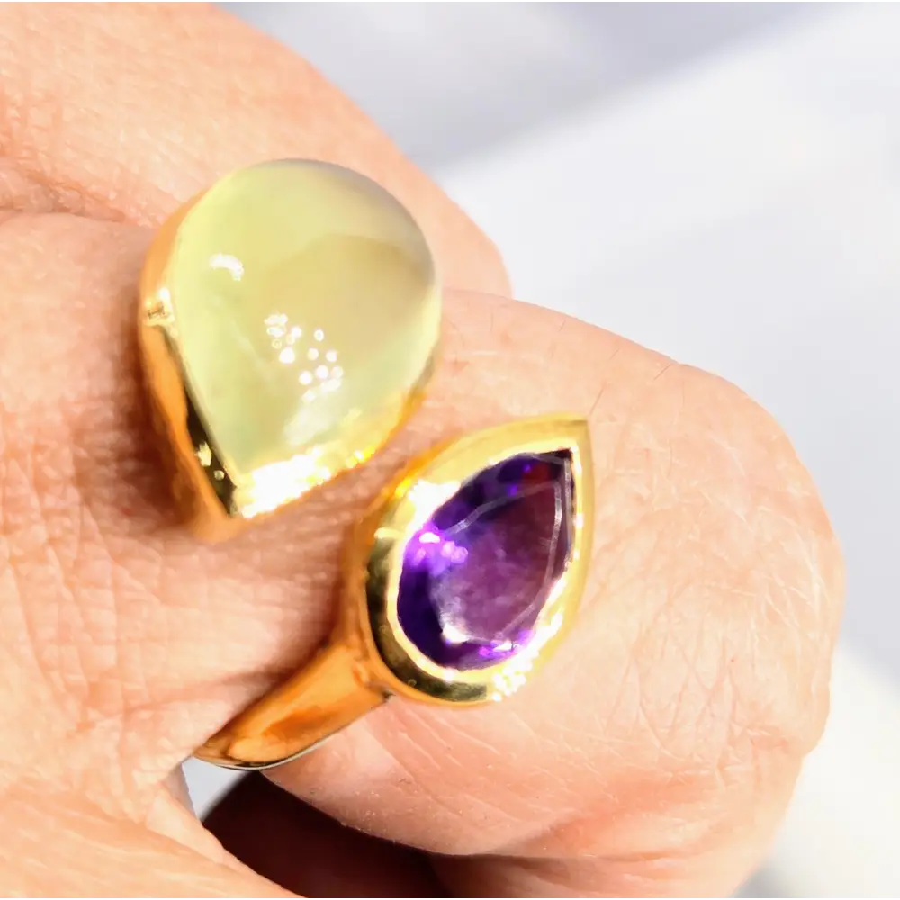 Goose & Grape Sz 7 Ring - Prehnite Amethyst 18k Gold Over Sterling