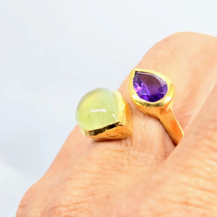 Goose & Grape Sz 7 Ring - Prehnite Amethyst 18k Gold Over Sterling