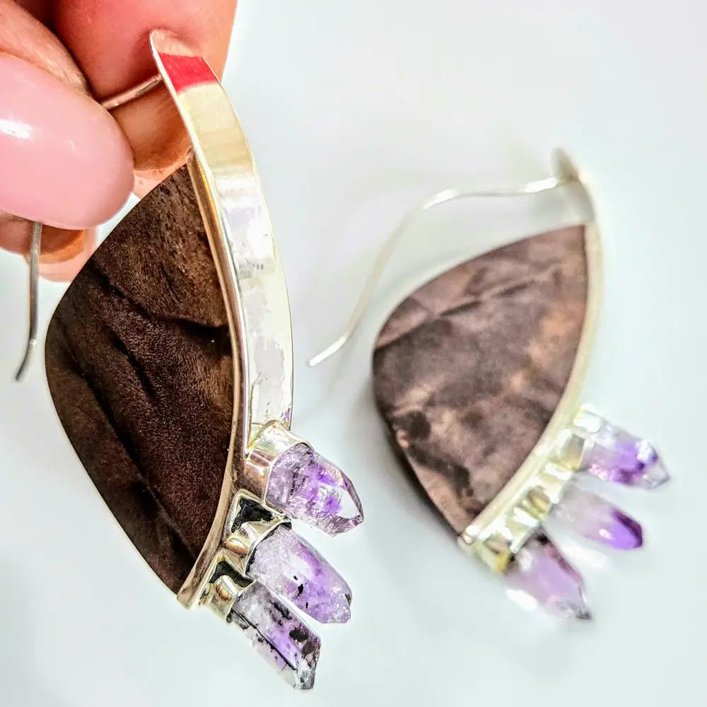 Outlet: ?Great Vibes’ 2.25’’ Earrings - Wood Cyrstals Sterling - Grape-ape