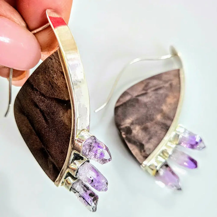 Outlet: ?Great Vibes’ 2.25’’ Earrings - Wood Cyrstals Sterling - Grape-ape