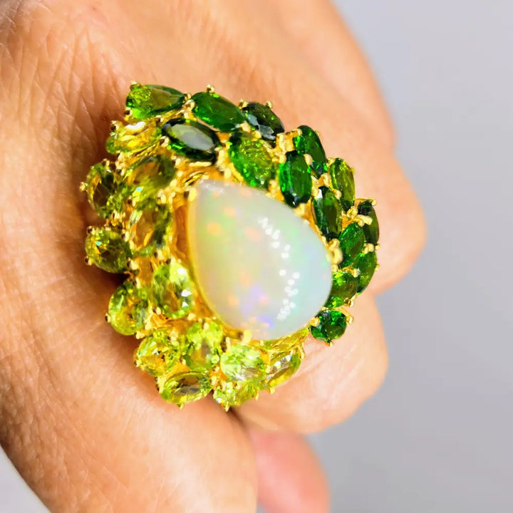 ?GReen Goddess’ Sz 9 Ring - Opal Peridot Chrome Diopside 18k Gold Sterling