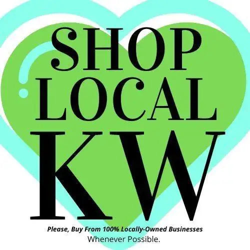 Green heart-shaped logo with black text reading ’shop local kw’ and a smaller line below urging to buy from locally-owned businesses.