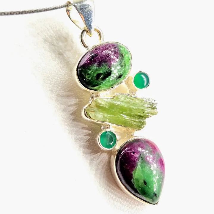 ?GReen Juice’ 2’’ Pendant – Ruby Zoisite Emerald Kyanite Green Onyx Rsterling