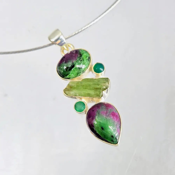 ?GReen Juice’ 2’’ Pendant – Ruby Zoisite Emerald Kyanite Green Onyx Rsterling