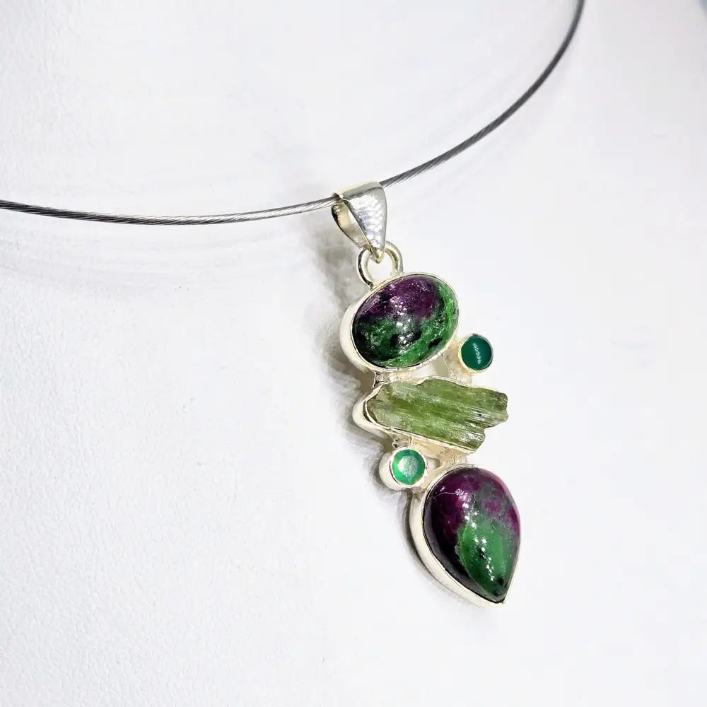 ?GReen Juice’ 2’’ Pendant – Ruby Zoisite Emerald Kyanite Green Onyx Rsterling