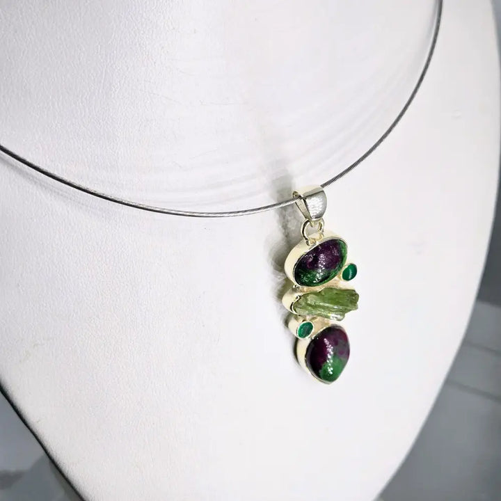 ?GReen Juice’ 2’’ Pendant – Ruby Zoisite Emerald Kyanite Green Onyx Rsterling