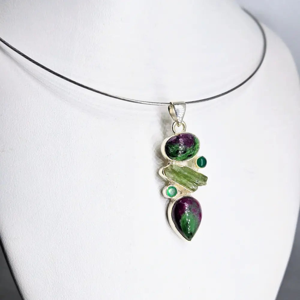 ?GReen Juice’ 2’’ Pendant – Ruby Zoisite Emerald Kyanite Green Onyx Rsterling