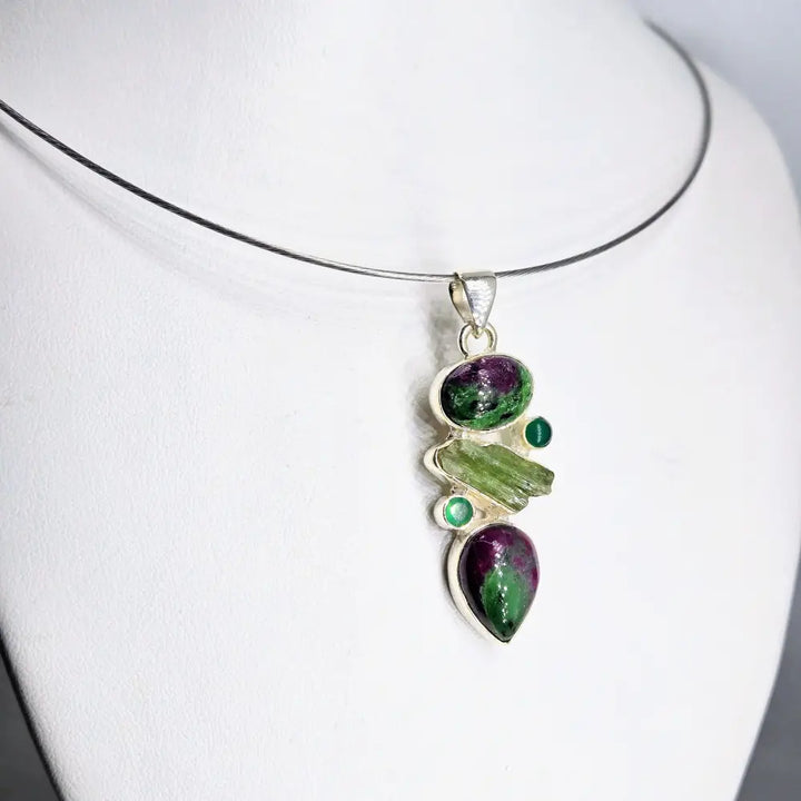?GReen Juice’ 2’’ Pendant – Ruby Zoisite Emerald Kyanite Green Onyx Rsterling