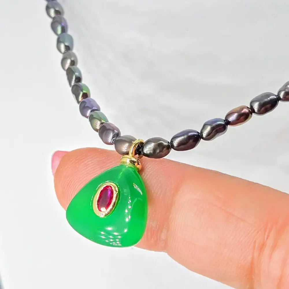 ?GReen Kitty Mew Mew’ 16’’ Necklace - Pearls Onyx Garnet Sterling Gold-filled