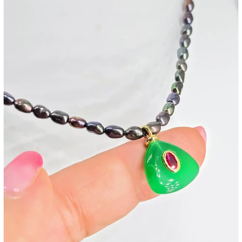 ?GReen Kitty Mew Mew’ 16’’ Necklace - Pearls Onyx Garnet Sterling Gold-filled