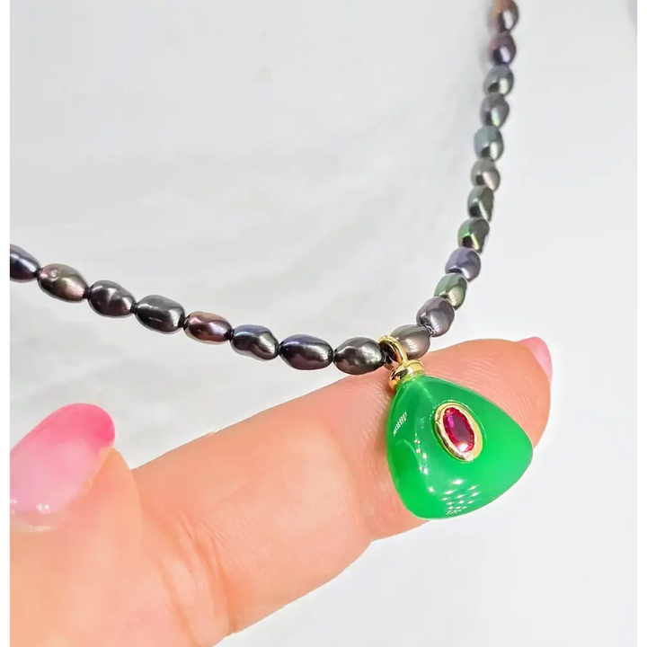 ?GReen Kitty Mew Mew’ 16’’ Necklace - Pearls Onyx Garnet Sterling Gold-filled