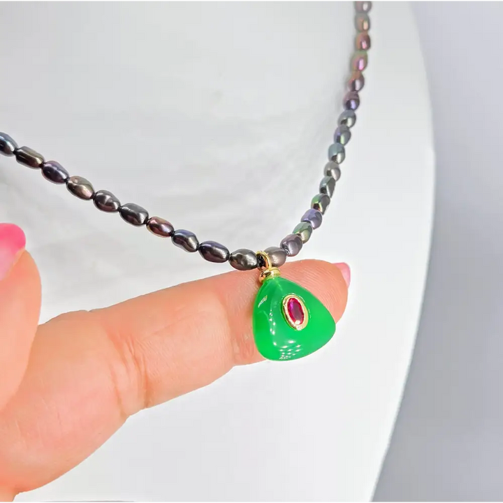 ?GReen Kitty Mew Mew’ 16’’ Necklace - Pearls Onyx Garnet Sterling Gold-filled