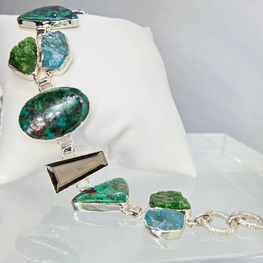 ?GReen Means Go!’ 8’’ - 8.5’’ Bracelet - Chrysocolla Malachite Apatite Topaz Quartz Chrome Diopside Sterling