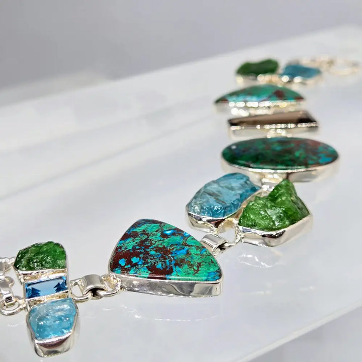 ?GReen Means Go!’ 8’’ - 8.5’’ Bracelet - Chrysocolla Malachite Apatite Topaz Quartz Chrome Diopside Sterling