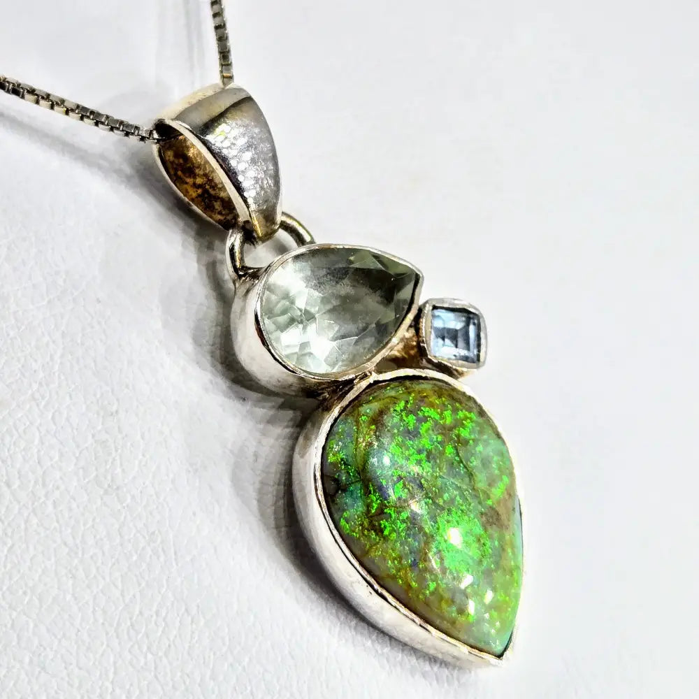 Green Moonbeam 18’’ Necklace 1.5’’ Pendant Opal Prasiolite Topaz Sterling