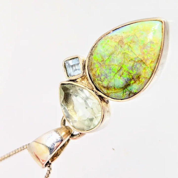 Green Moonbeam 18’’ Necklace 1.5’’ Pendant Opal Prasiolite Topaz Sterling