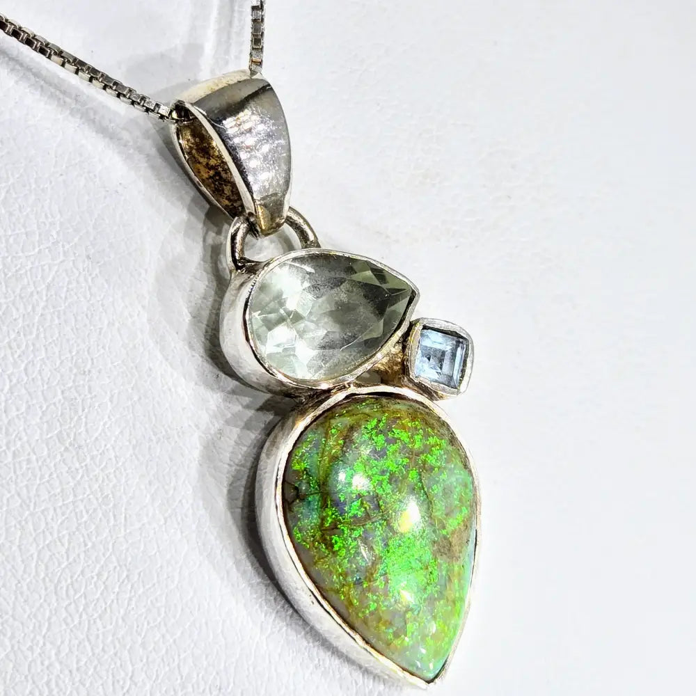 Green Moonbeam 18’’ Necklace 1.5’’ Pendant Opal Prasiolite Topaz Sterling