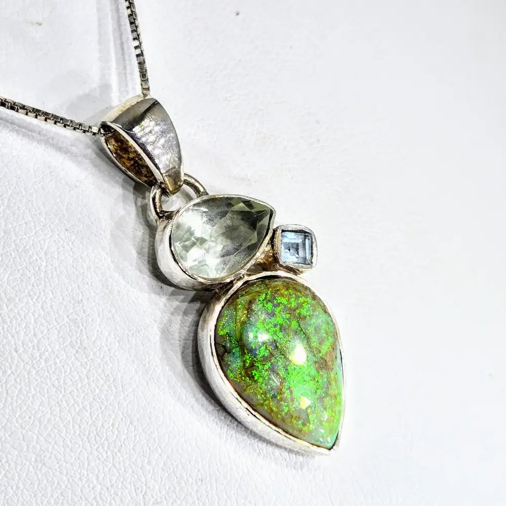 Green Moonbeam 18’’ Necklace 1.5’’ Pendant Opal Prasiolite Topaz Sterling