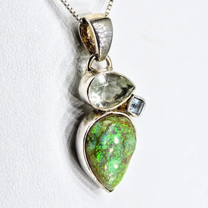 Green Moonbeam 18’’ Necklace 1.5’’ Pendant Opal Prasiolite Topaz Sterling