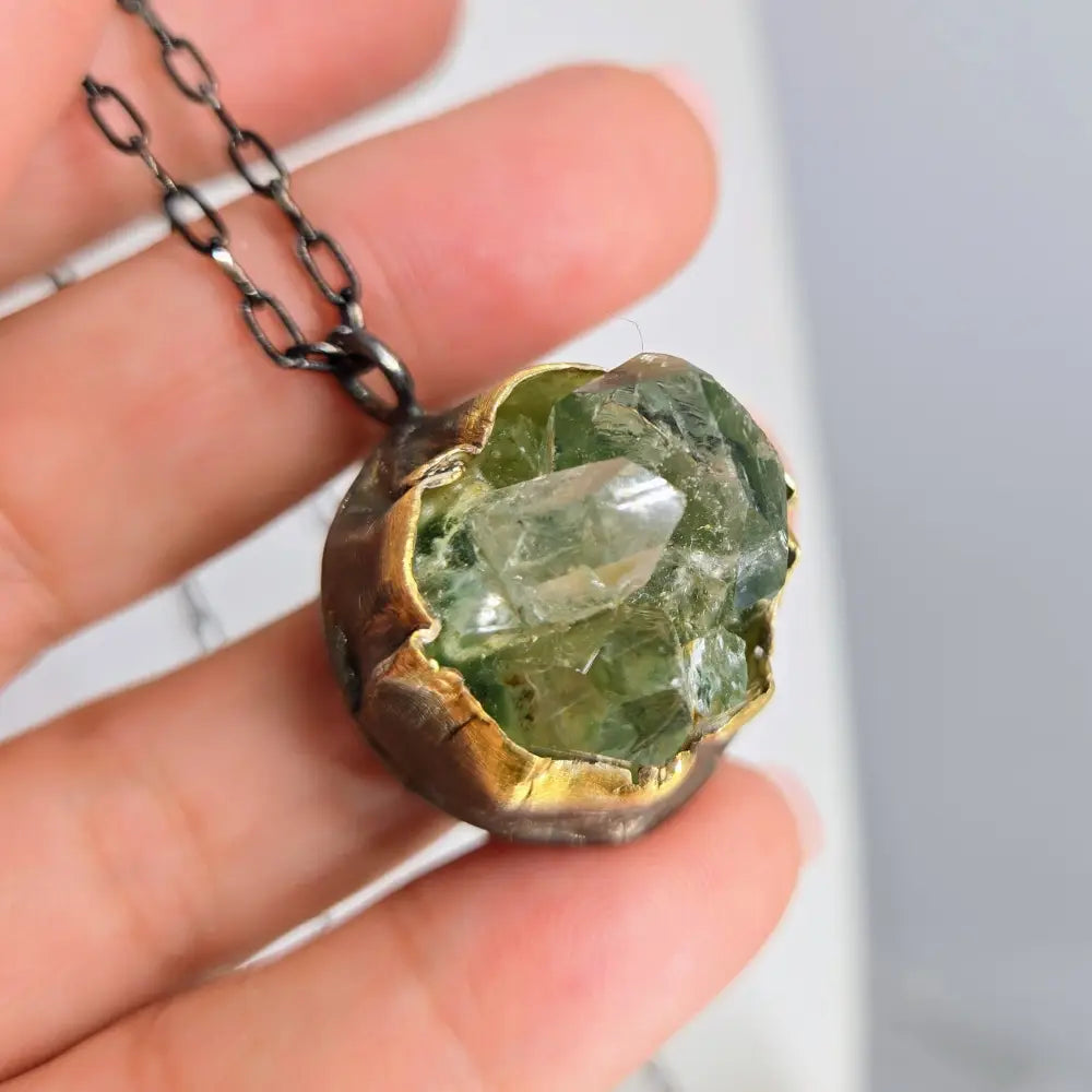 ?GReen Phantom’ Pendant Necklace - Phantom Quartz Black & Faceted Sterling 18k Gold