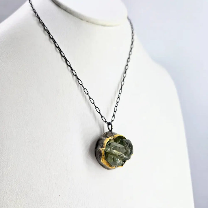 ?GReen Phantom’ Pendant Necklace - Phantom Quartz Black & Faceted Sterling 18k Gold