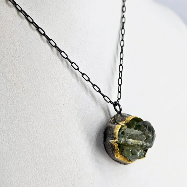 ?GReen Phantom’ Pendant Necklace - Phantom Quartz Black & Faceted Sterling 18k Gold